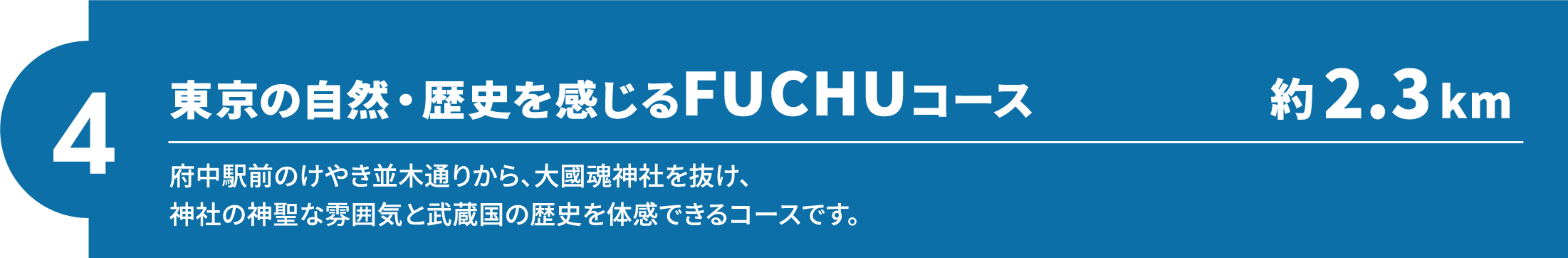 【4】東京の自然・歴史を感じるFUCHUコース（約2.3km）府中駅前のけやき並木通りから、大國魂神社を抜け、神社の神聖な雰囲気と武蔵国の歴史を体感できるコースです。