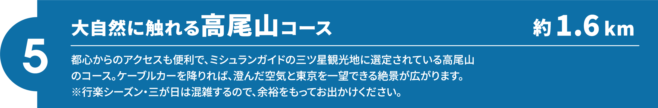 【5】大自然に触れる高尾山コース（約1.6km）都心からのアクセスも便利で、ミシュランガイドの三ツ星観光地に選定されている高尾山のコース。ケーブルカーを降りれば、澄んだ空気と東京を一望できる絶景が広がります。※行楽シーズン・三が日は混雑するので、余裕をもってお出かけください。