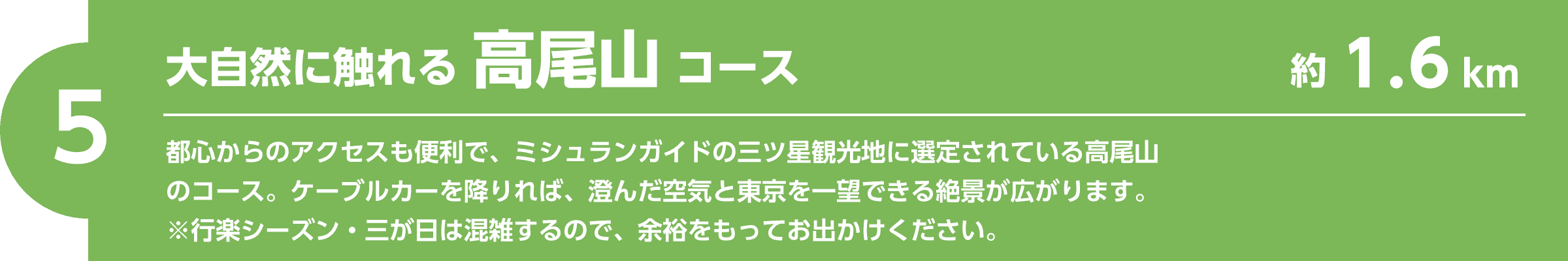 【5】大自然に触れる高尾山コース（約1.6km）都心からのアクセスも便利で、ミシュランガイドの三ツ星観光地に選定されている高尾山のコース。ケーブルカーを降りれば、澄んだ空気と東京を一望できる絶景が広がります。※行楽シーズン・三が日は混雑するので、余裕をもってお出かけください。